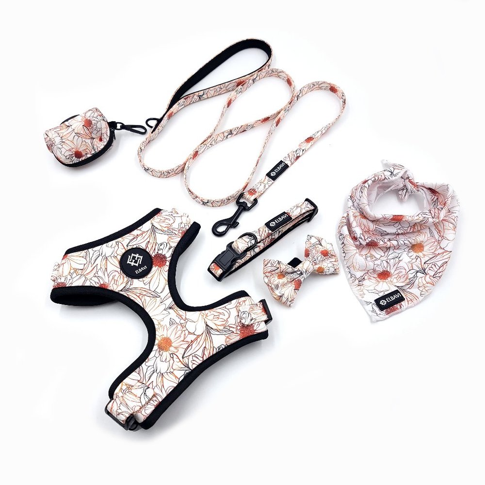 Elbavi Dog harness set white floral breathable harness and leash set with collar